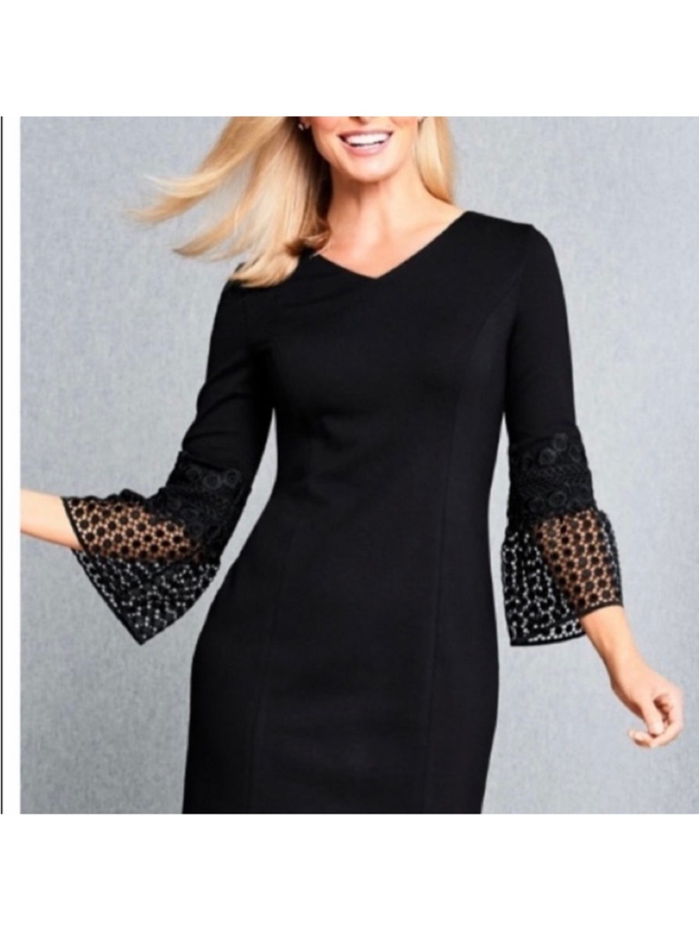 Talbots Black Lace Bell Sleeve Sheath Dress | V-Neck Little Black Dress‎ Size 8